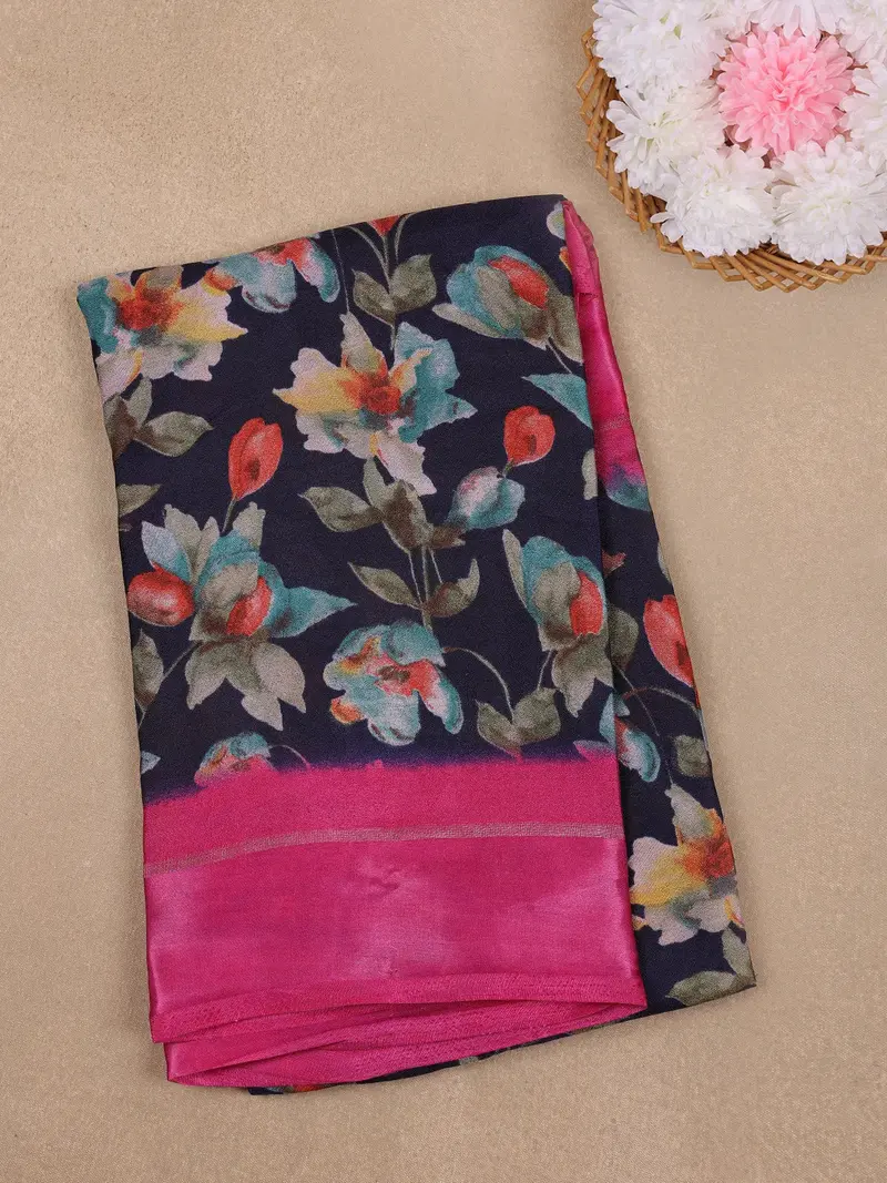 Dark Navy Blue Floral Prints Fancy Georgette Saree 1
