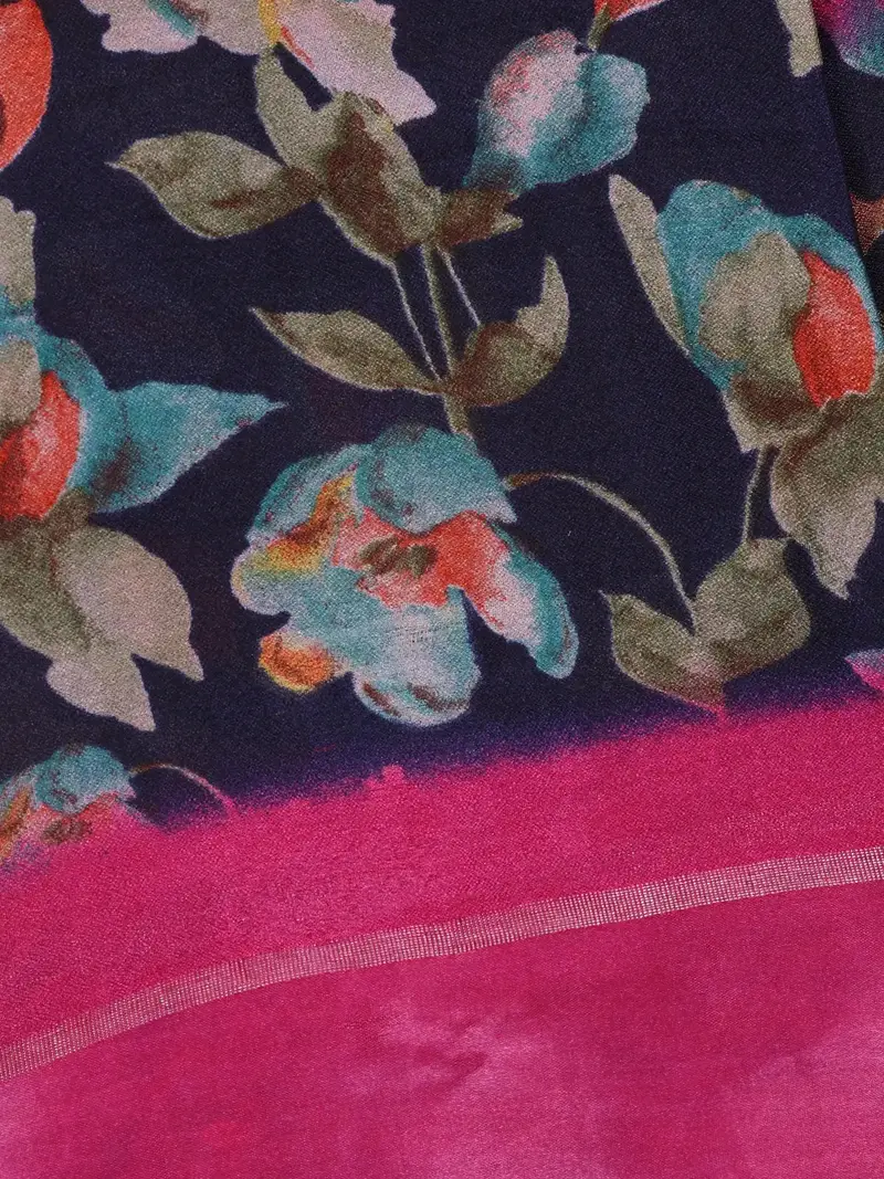 Dark Navy Blue Floral Prints Fancy Georgette Saree 2