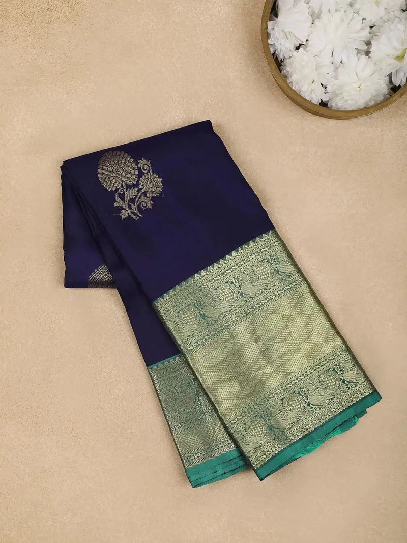 Dark Navy Blue Floral Woven Pure Kanchipuram Silk Saree 1