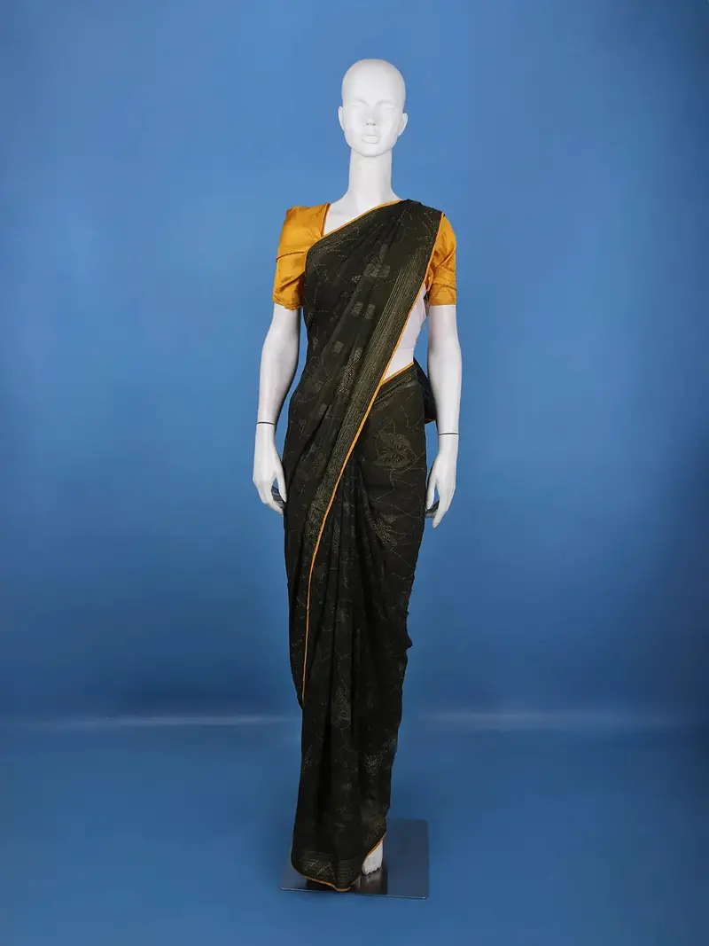 Dark Olive Green Butterfly Print Chiffon Saree 1