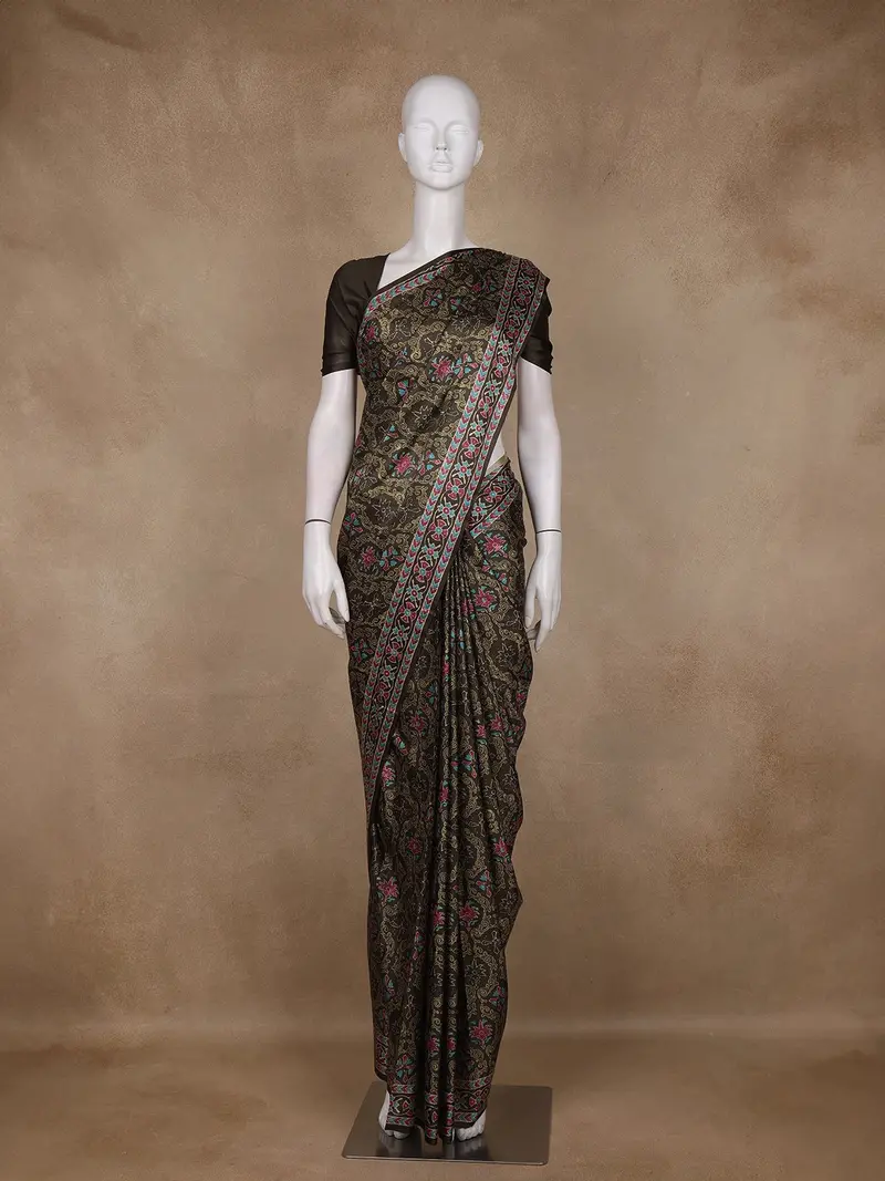 Dark Olive Green Floral Printed Tussar Saree With Contrast Geometric Striped Border 1