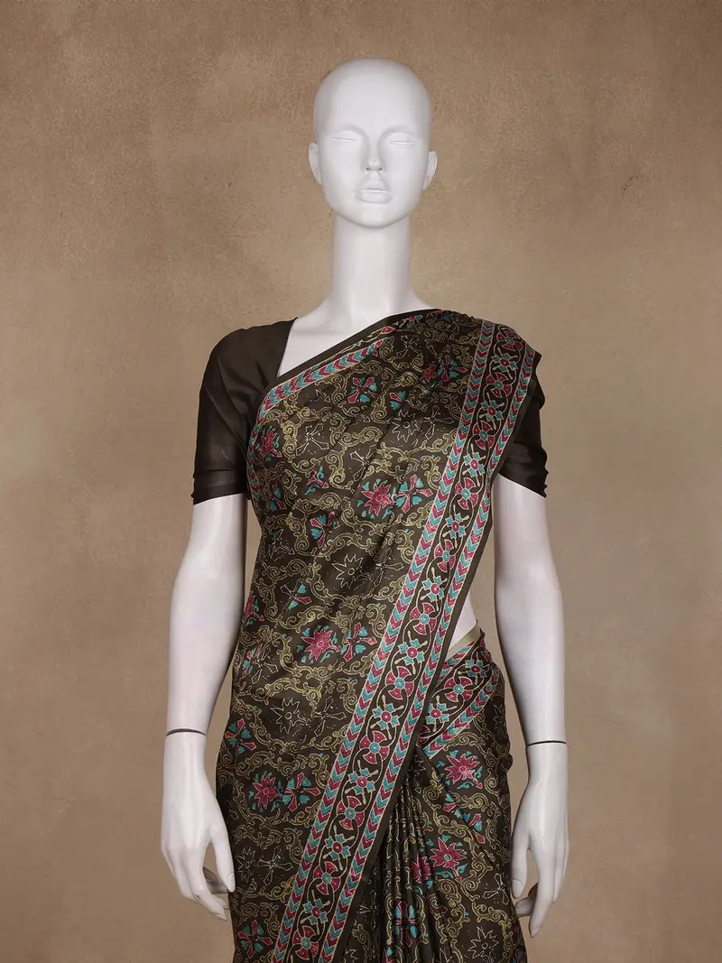 Dark Olive Green Floral Printed Tussar Saree With Contrast Geometric Striped Border 2