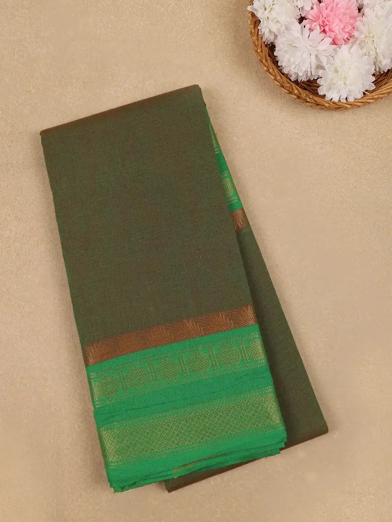 Dark Olive Green Solid Cotton Fancy Saree 1