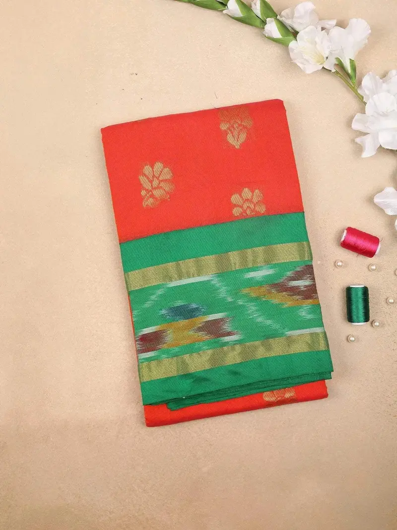 Dark Orange Silk Cotton Saree With Flower Motif On The Body With Contrast Designed Border 1
