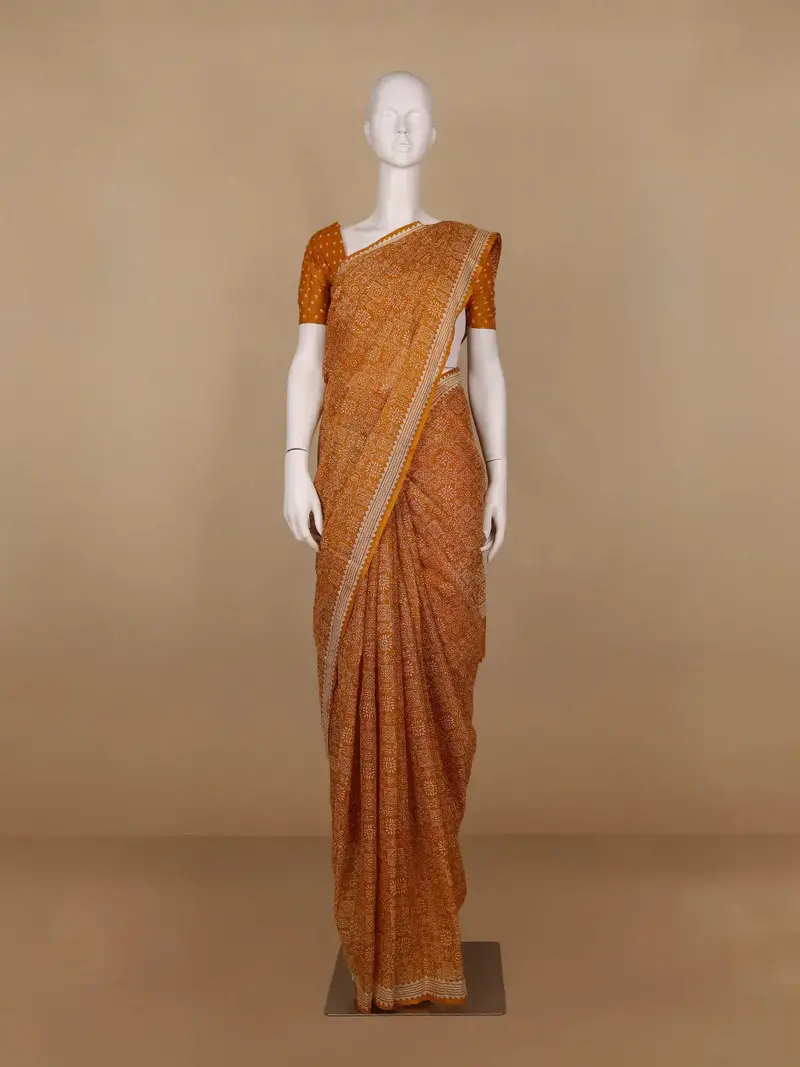 Dark Orange Warli Designed Soft Silk Saree 1