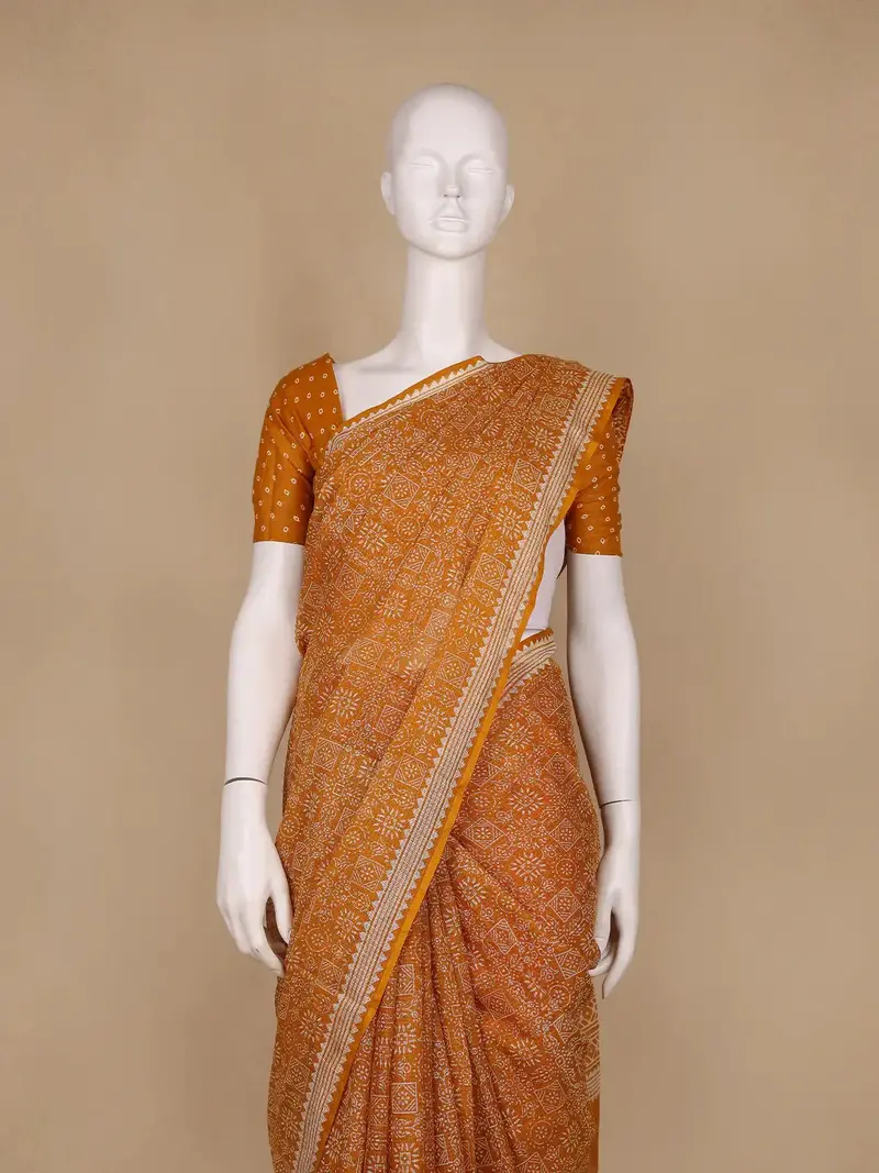 Dark Orange Warli Designed Soft Silk Saree 2