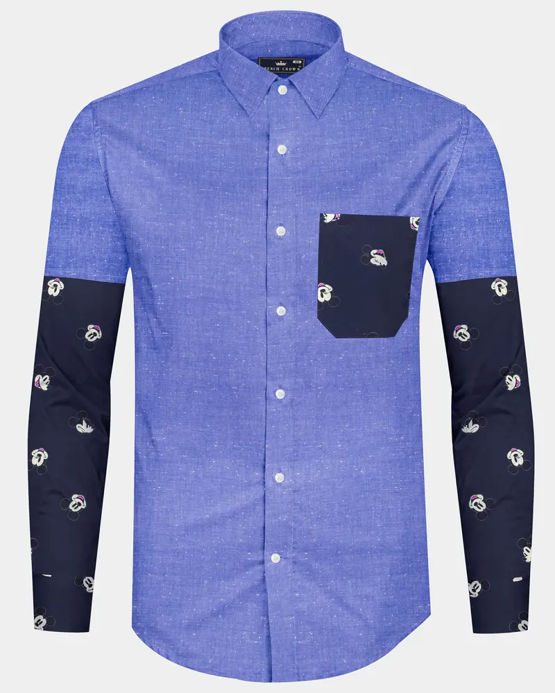 Dark Pastel Blue With Mickey Mouse Chambray Textured Premium Cotton Designer Shirt 1