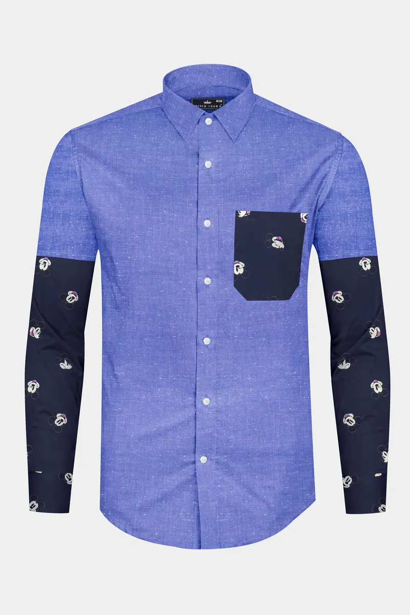 Dark Pastel Blue With Mickey Mouse Chambray Textured Premium Cotton Designer Shirt 2