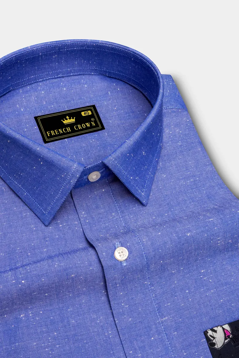 Dark Pastel Blue With Mickey Mouse Chambray Textured Premium Cotton Designer Shirt 4