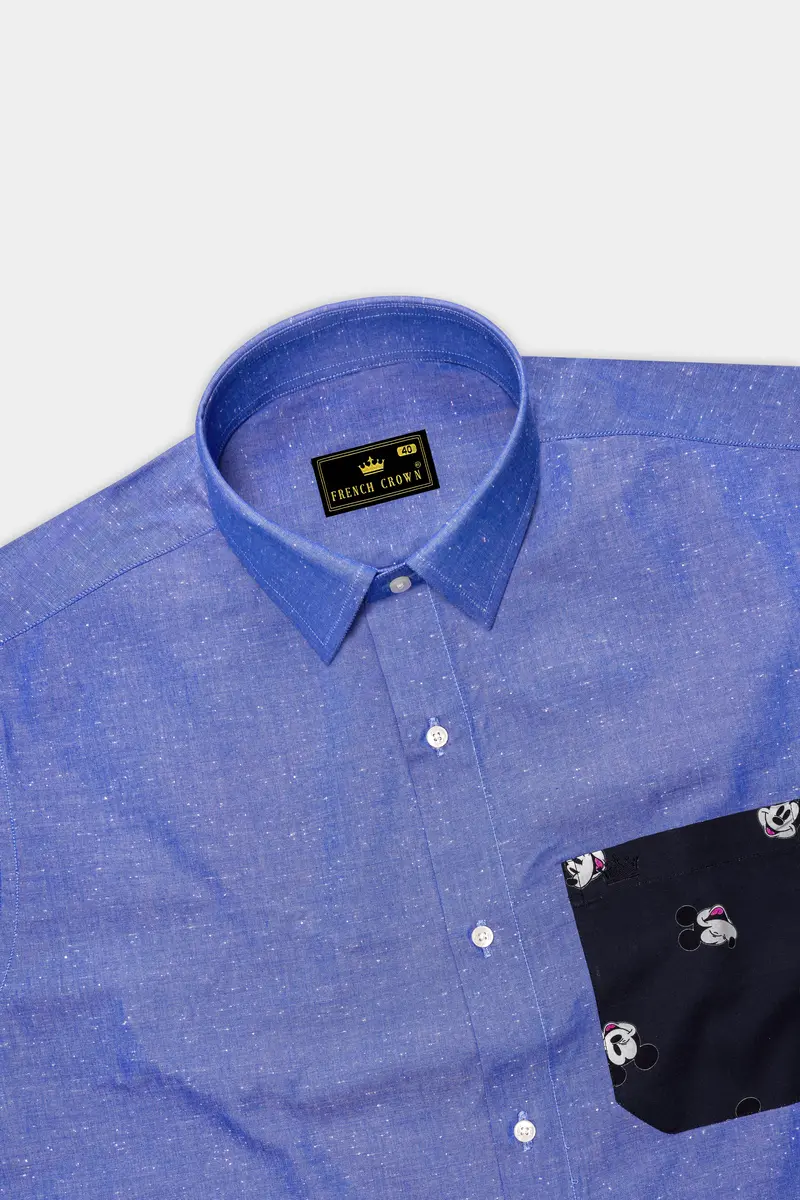 Dark Pastel Blue With Mickey Mouse Chambray Textured Premium Cotton Designer Shirt 5