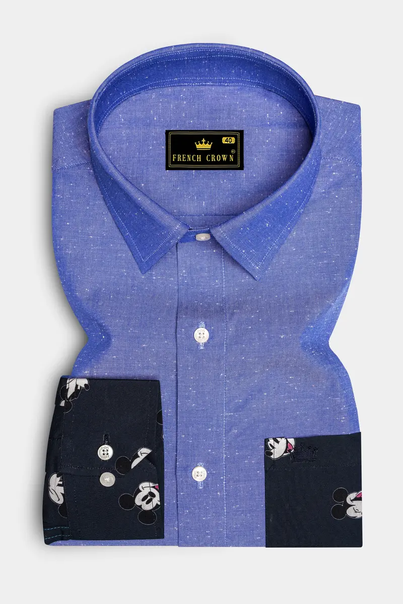 Dark Pastel Blue With Mickey Mouse Chambray Textured Premium Cotton Designer Shirt 6