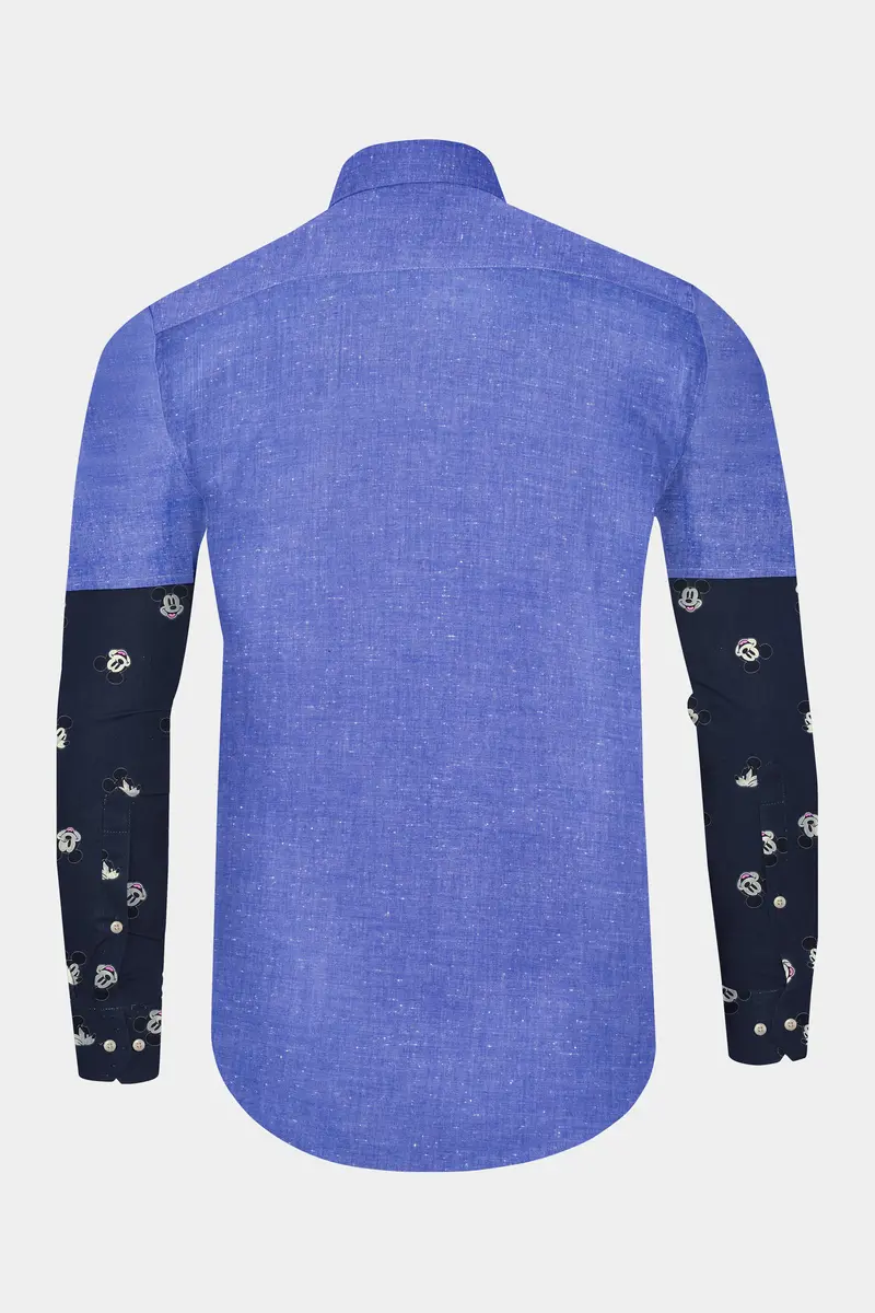 Dark Pastel Blue With Mickey Mouse Chambray Textured Premium Cotton Designer Shirt 7
