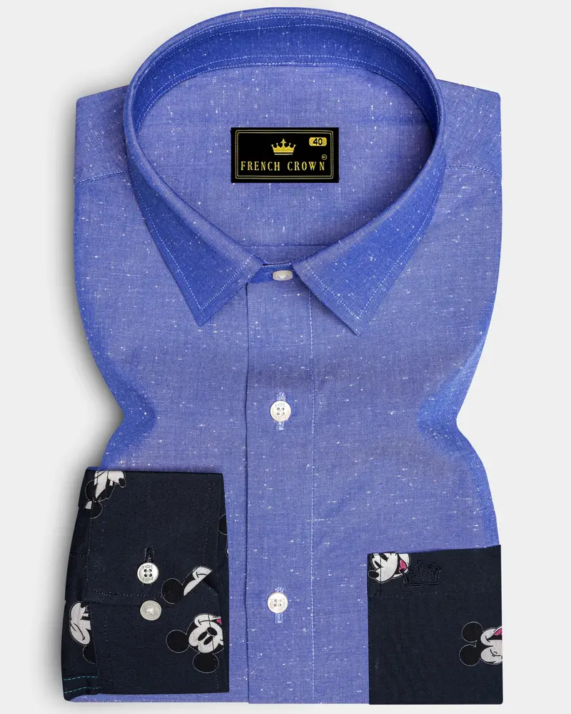 Dark Pastel Blue With Mickey Mouse Chambray Textured Premium Cotton Designer Shirt 8