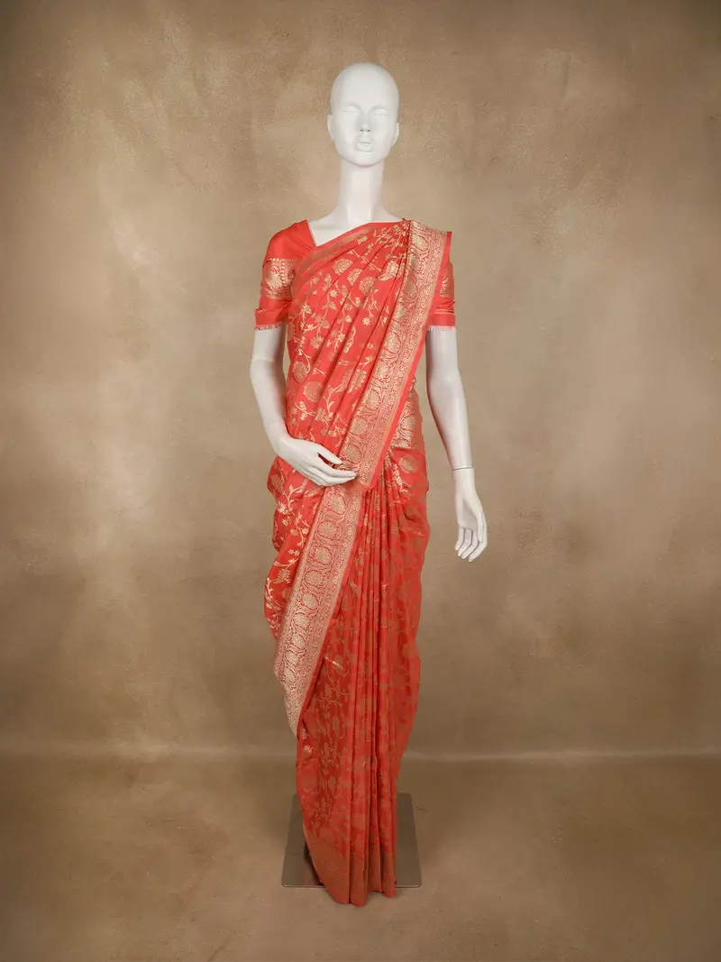 Dark Peach Floral Zari Woven Design Pure Banarasi Silk Saree With Zari Border 1