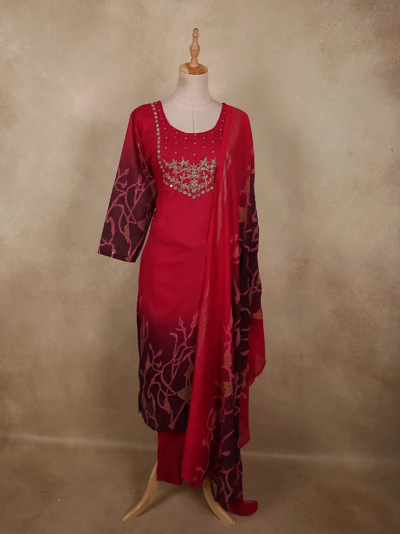 Dark Pink Abstract Sequins And Beads Embroidered Design Cotton Straight Cut Salwar Suit 1