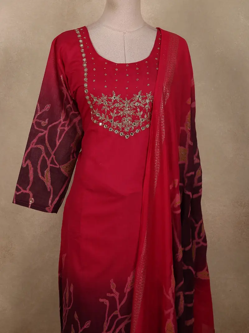Dark Pink Abstract Sequins And Beads Embroidered Design Cotton Straight Cut Salwar Suit 2
