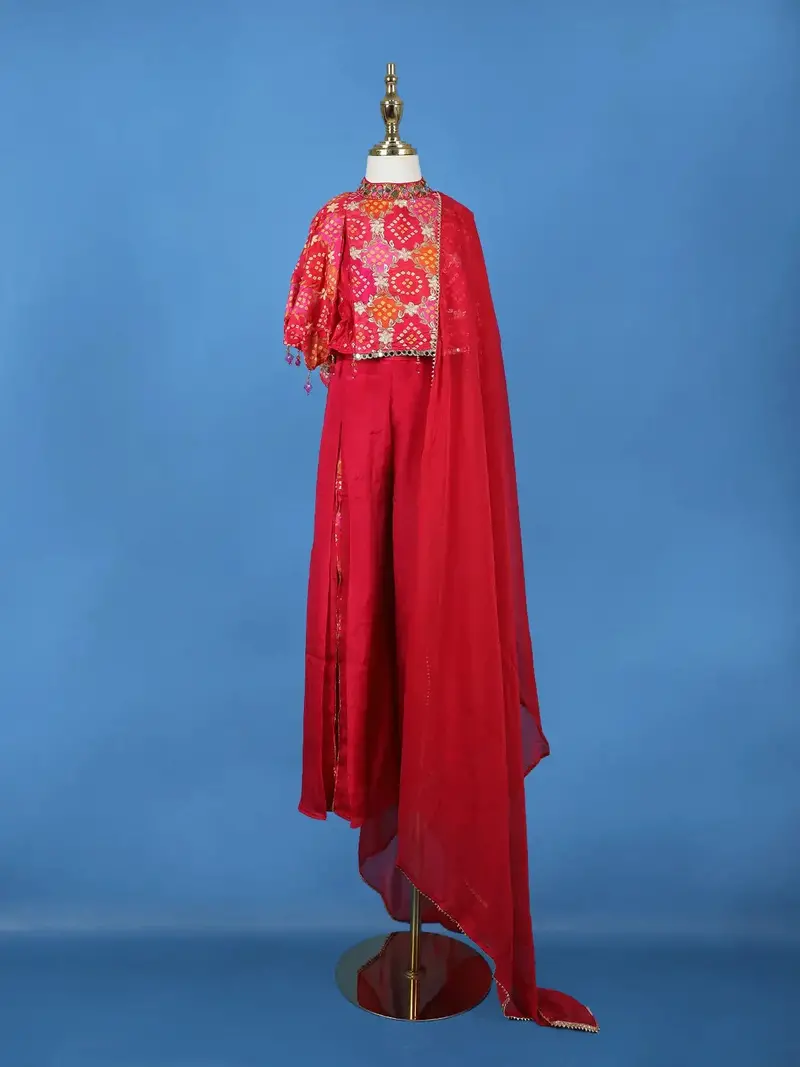Dark Pink Bandhani Print Georgette Kids Kaftan Palazzo Set 1