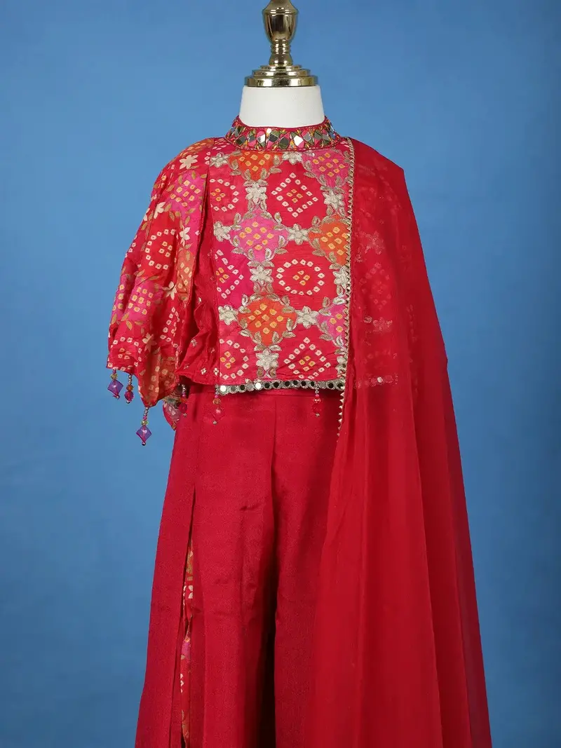 Dark Pink Bandhani Print Georgette Kids Kaftan Palazzo Set 2