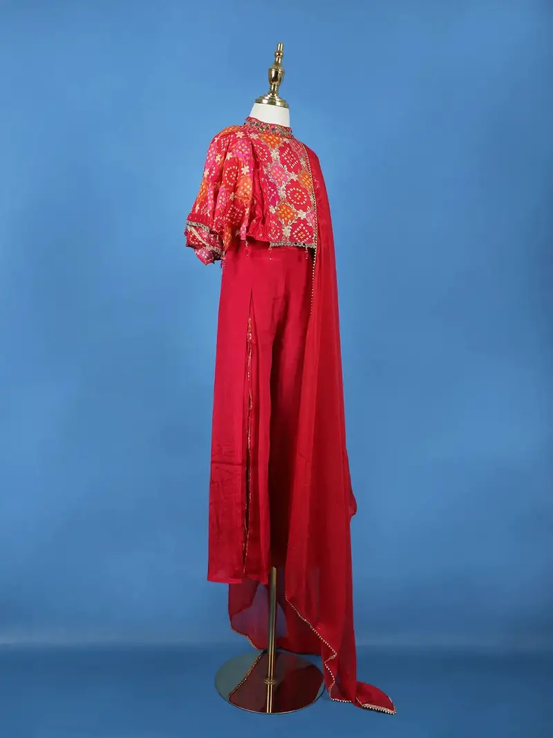 Dark Pink Bandhani Print Georgette Kids Kaftan Palazzo Set 3