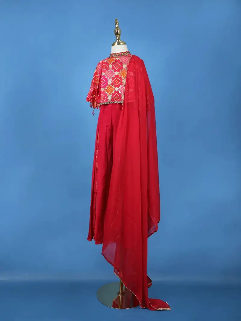 Dark Pink Bandhani Print Georgette Kids Kaftan Palazzo Set 4