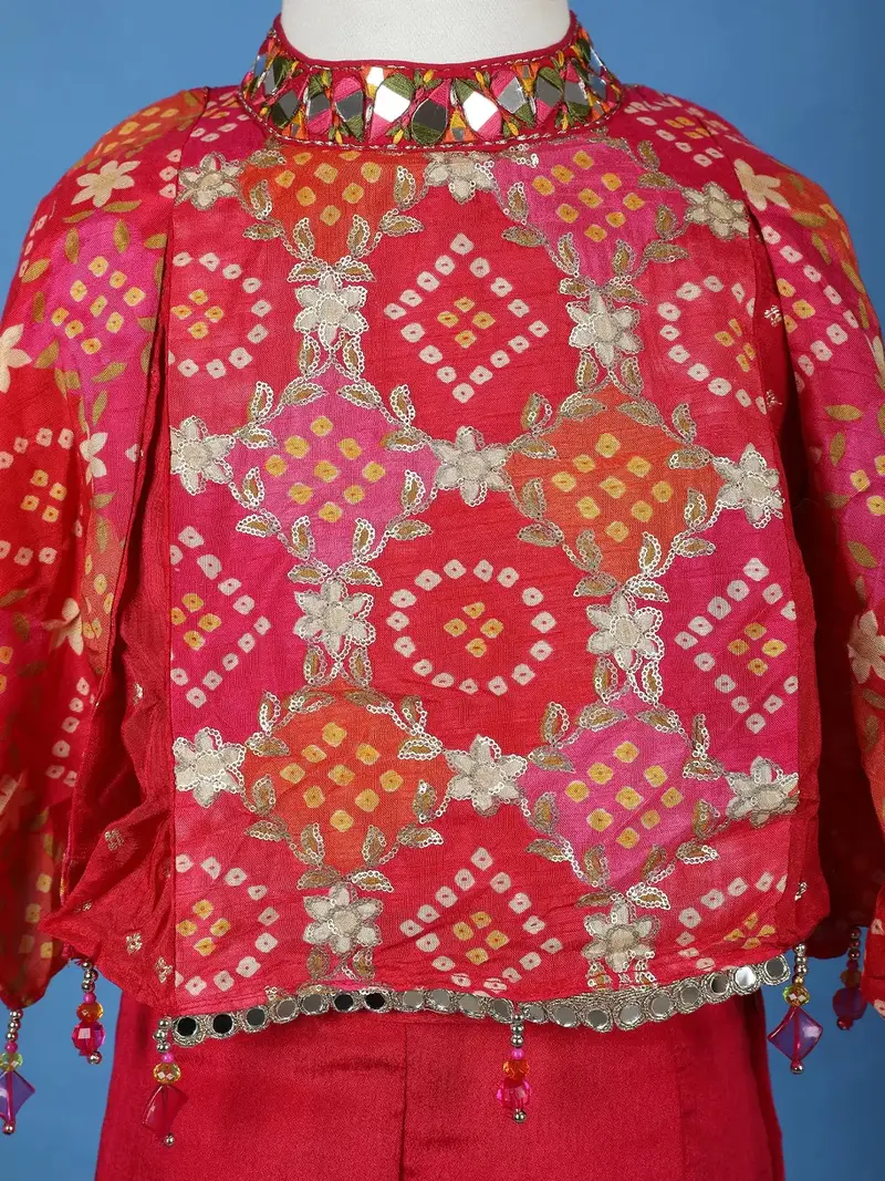 Dark Pink Bandhani Print Georgette Kids Kaftan Palazzo Set 5