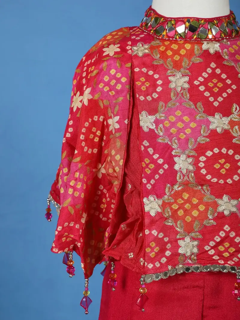 Dark Pink Bandhani Print Georgette Kids Kaftan Palazzo Set 6