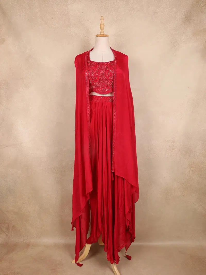 Dark Pink Beads Embroidered Design Chiffon Skirt Top With Layered Cape 1