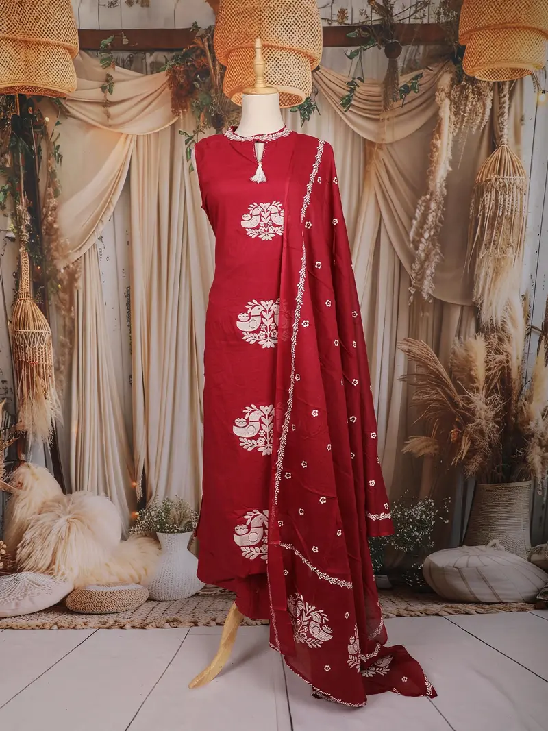 Dark Pink Birds Printed Design Cotton Straight Cut Salwar Suit With Dupatta 1