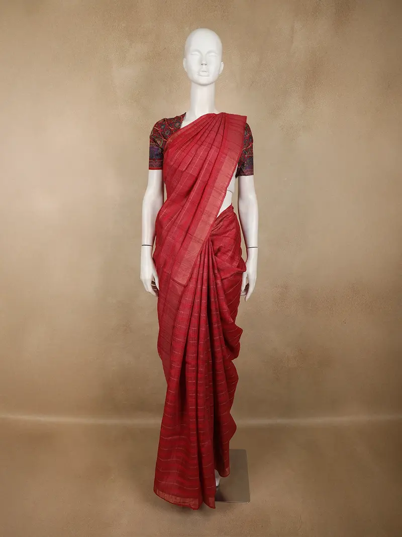 Dark Pink Checked Woven Design Pure Tussar Silk Saree 1