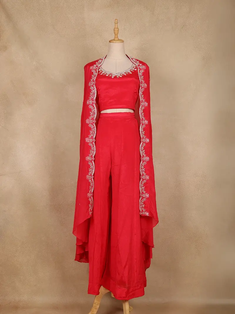 Dark Pink Embroidered Chiffon Crop Top With Palazzo And Jacket Set 1