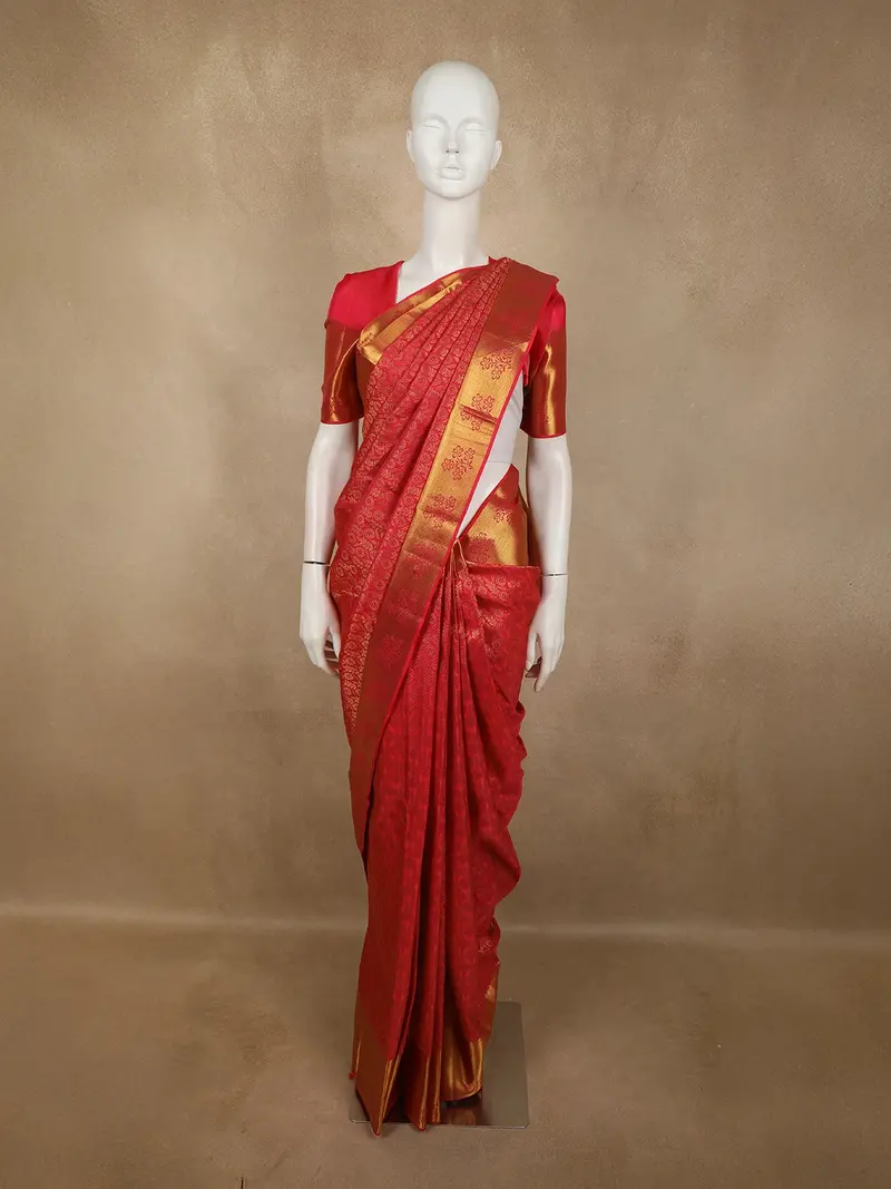 Dark Pink Floral And Leaf Zari Woven Design Pure Kanchipuram Silk Saree With Zari Border 1