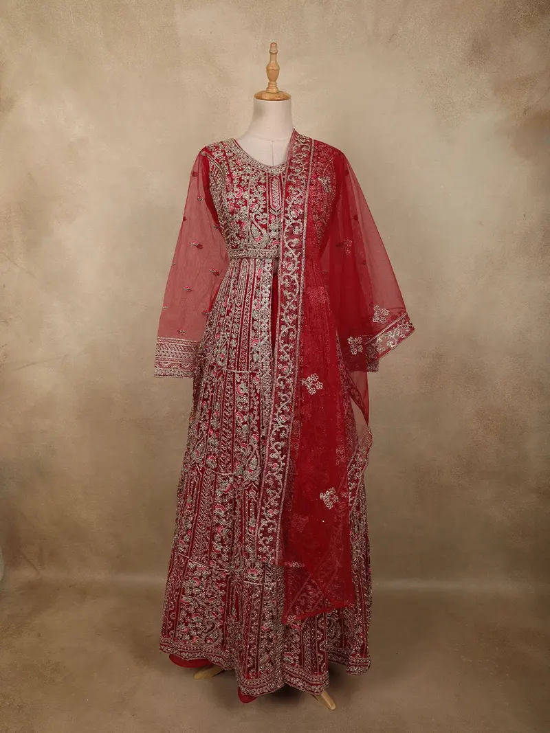 Dark Pink Floral Beads And Zari Embroidered Design Net Mastani Lehenga With Dupatta 1