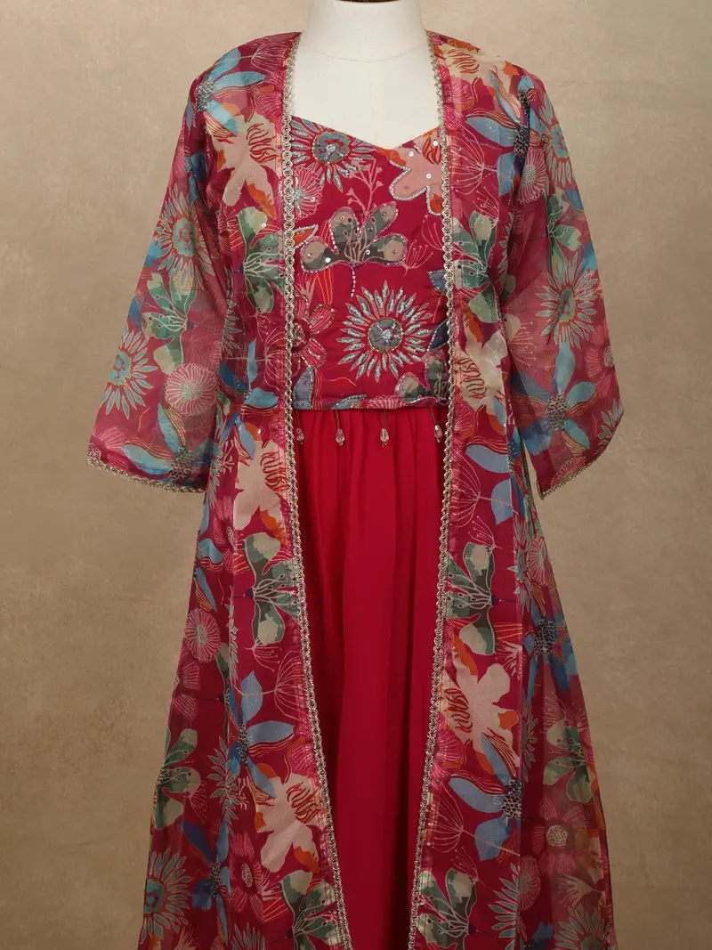 Dark Pink Floral Beads Embroidered Design Georgette Kids Palazzo Suit With Over Coat 2