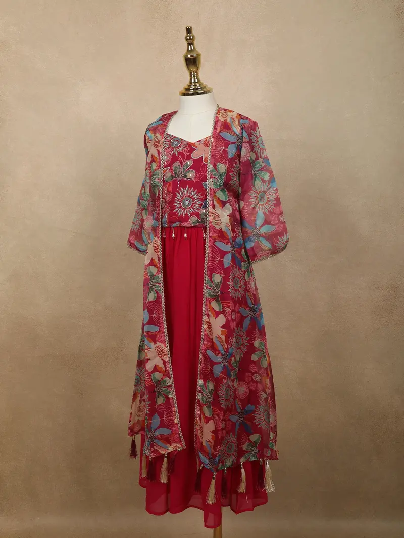 Dark Pink Floral Beads Embroidered Design Georgette Kids Palazzo Suit With Over Coat 3
