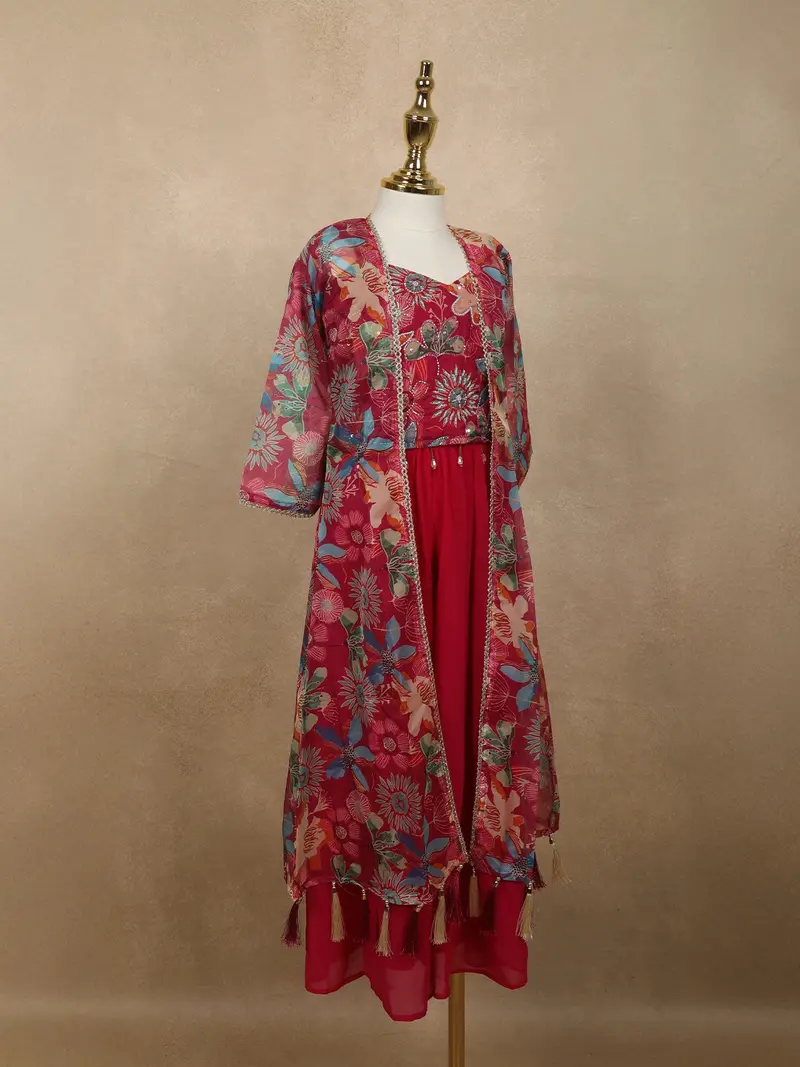 Dark Pink Floral Beads Embroidered Design Georgette Kids Palazzo Suit With Over Coat 4