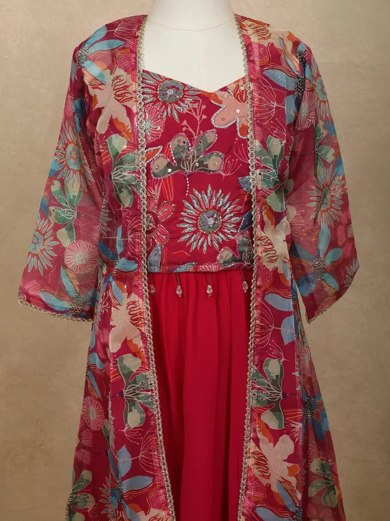 Dark Pink Floral Beads Embroidered Design Georgette Kids Palazzo Suit With Over Coat 5
