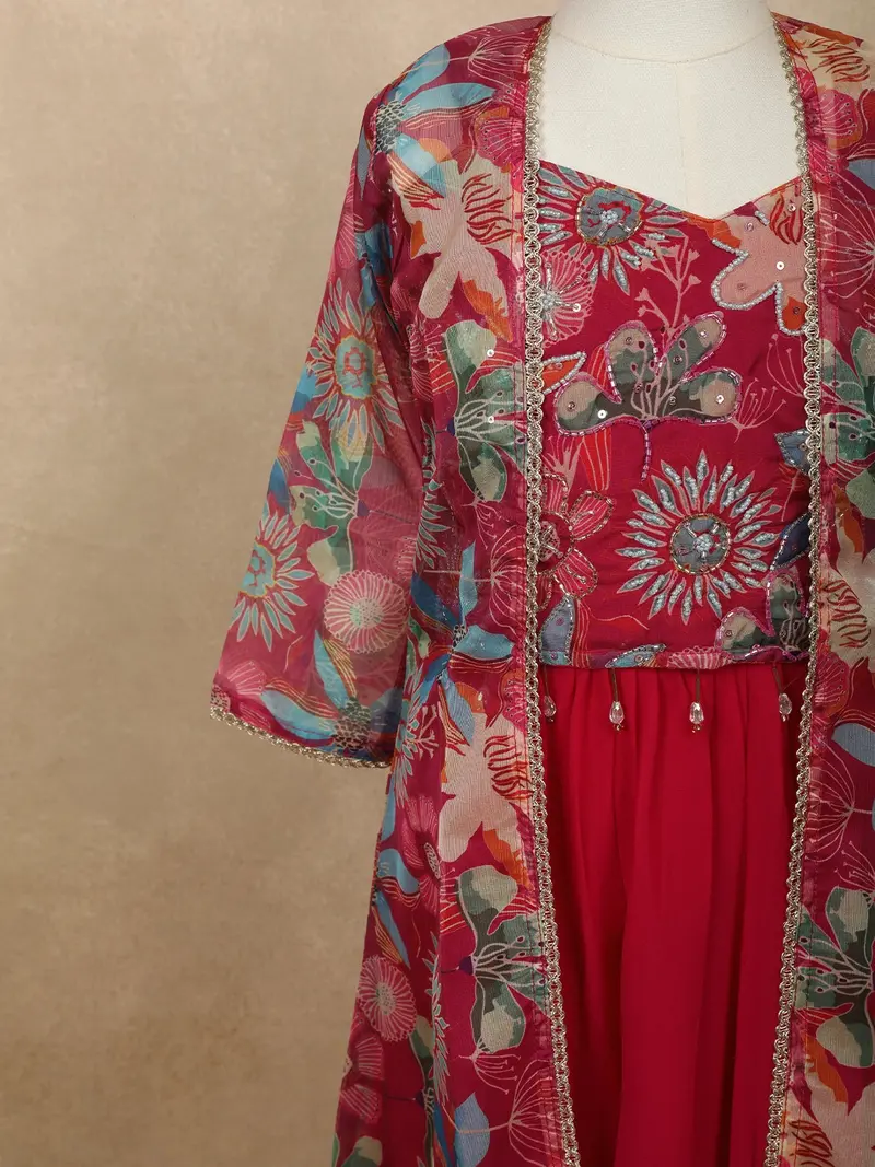 Dark Pink Floral Beads Embroidered Design Georgette Kids Palazzo Suit With Over Coat 6