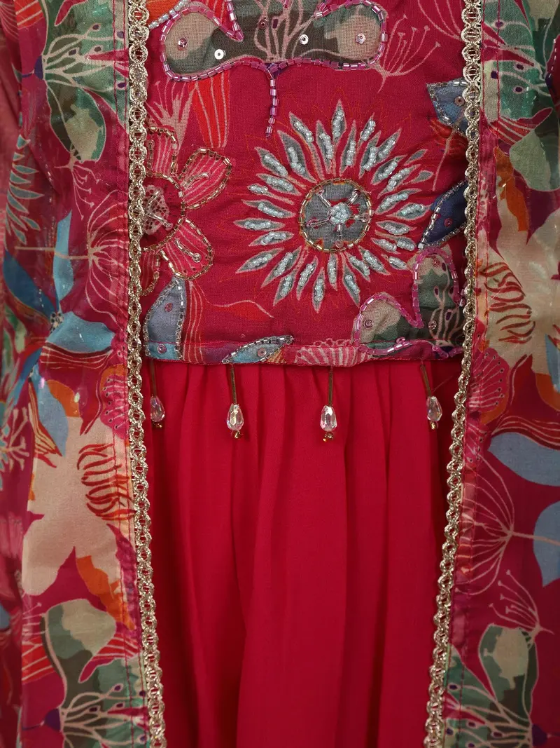 Dark Pink Floral Beads Embroidered Design Georgette Kids Palazzo Suit With Over Coat 7