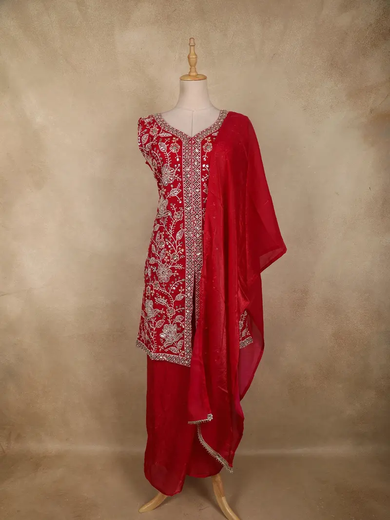 Dark Pink Floral Beads Embroidered Design Organza Palazzo Suit With Dupatta 1