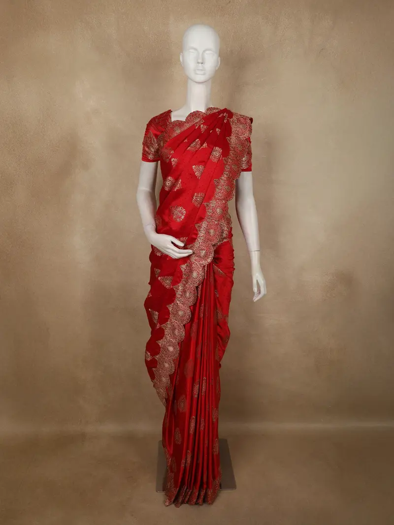 Dark Pink Floral Butta And Stone Embellished Design Satin Designer Saree With Stone Work Border 1