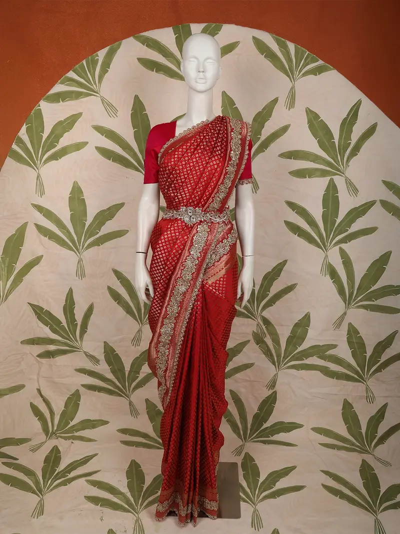 Dark Pink Floral Butta Zari Woven Design Banarasi Silk Fancy Saree With Waist Belt 1