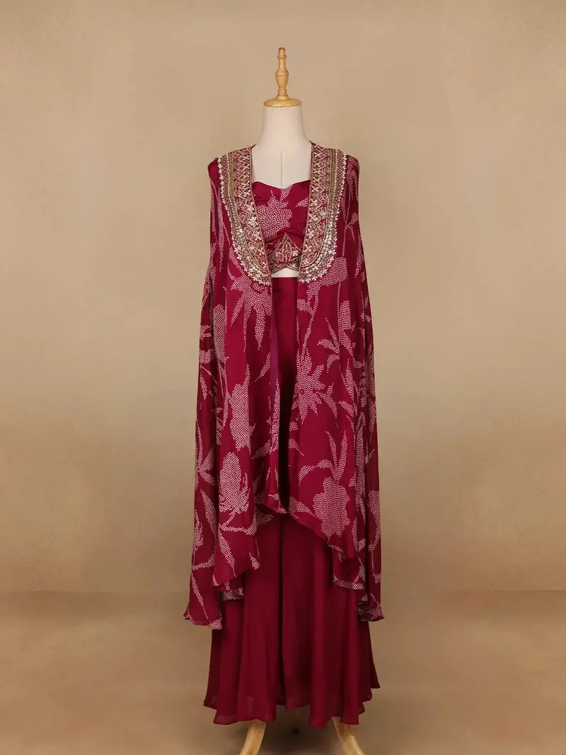 Dark Pink Floral Design Crepe Palazzo Suit 1