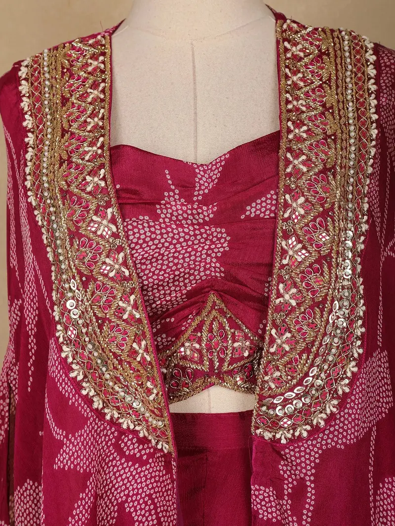 Dark Pink Floral Design Crepe Palazzo Suit 2