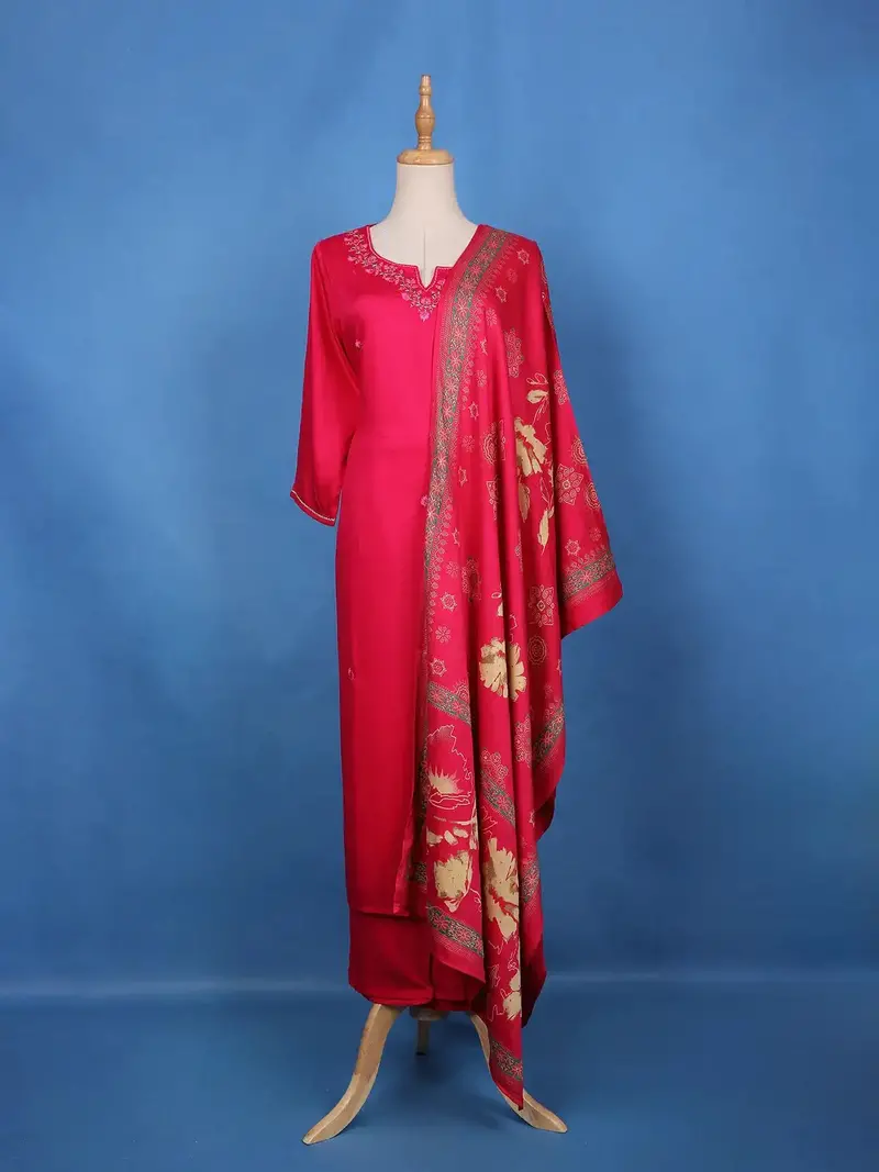 Dark Pink Floral Design Printed Satin Salwar Suit 1