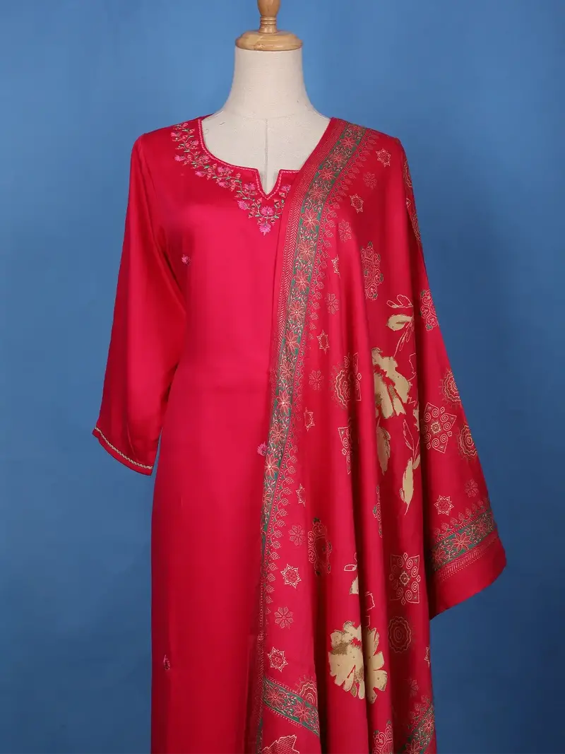 Dark Pink Floral Design Printed Satin Salwar Suit 2