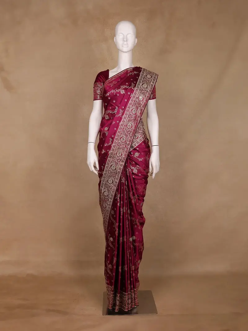 Dark Pink Floral Designed Bridal Banarasi Silk Saree 1