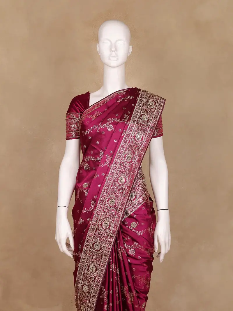 Dark Pink Floral Designed Bridal Banarasi Silk Saree 2