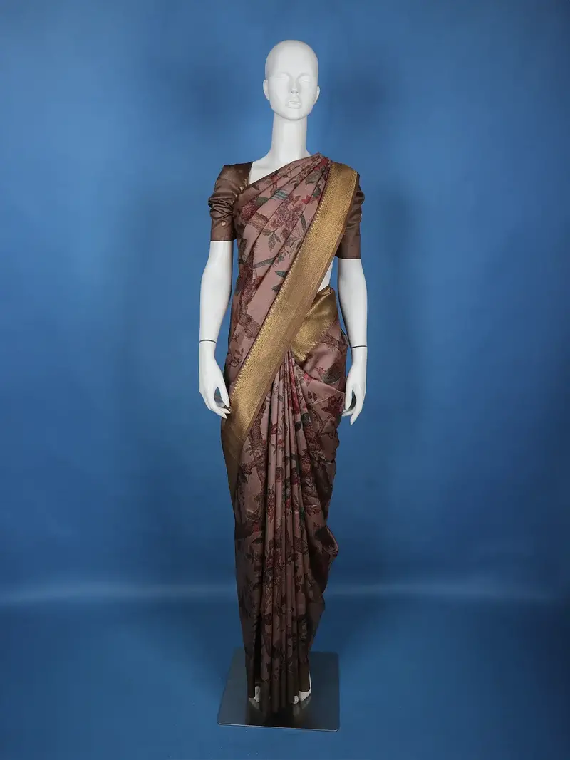 Dark Pink Floral Designed Semi Tussar Saree 1