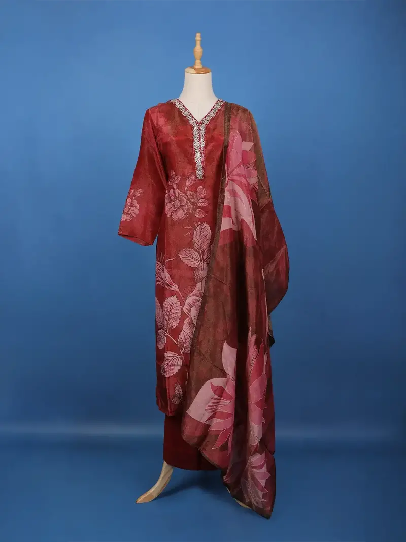 Dark Pink Floral Designed Silk Salwar Suit 1