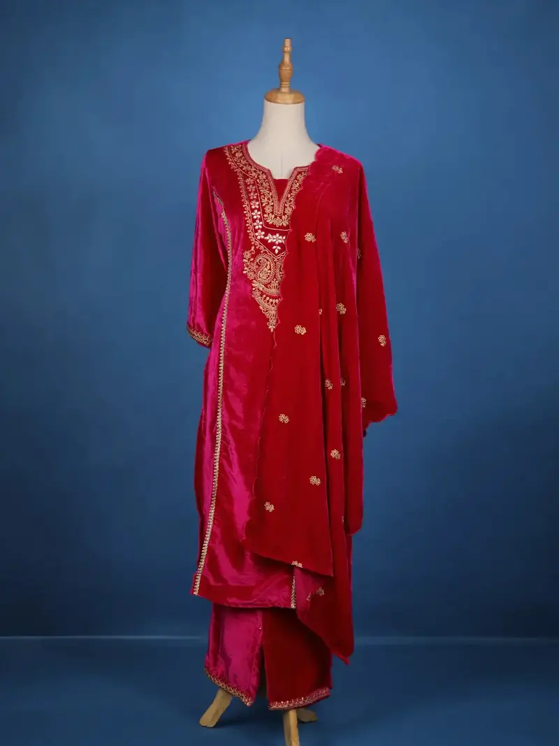 Dark Pink Floral Designed Velvet Salwar Suit 1